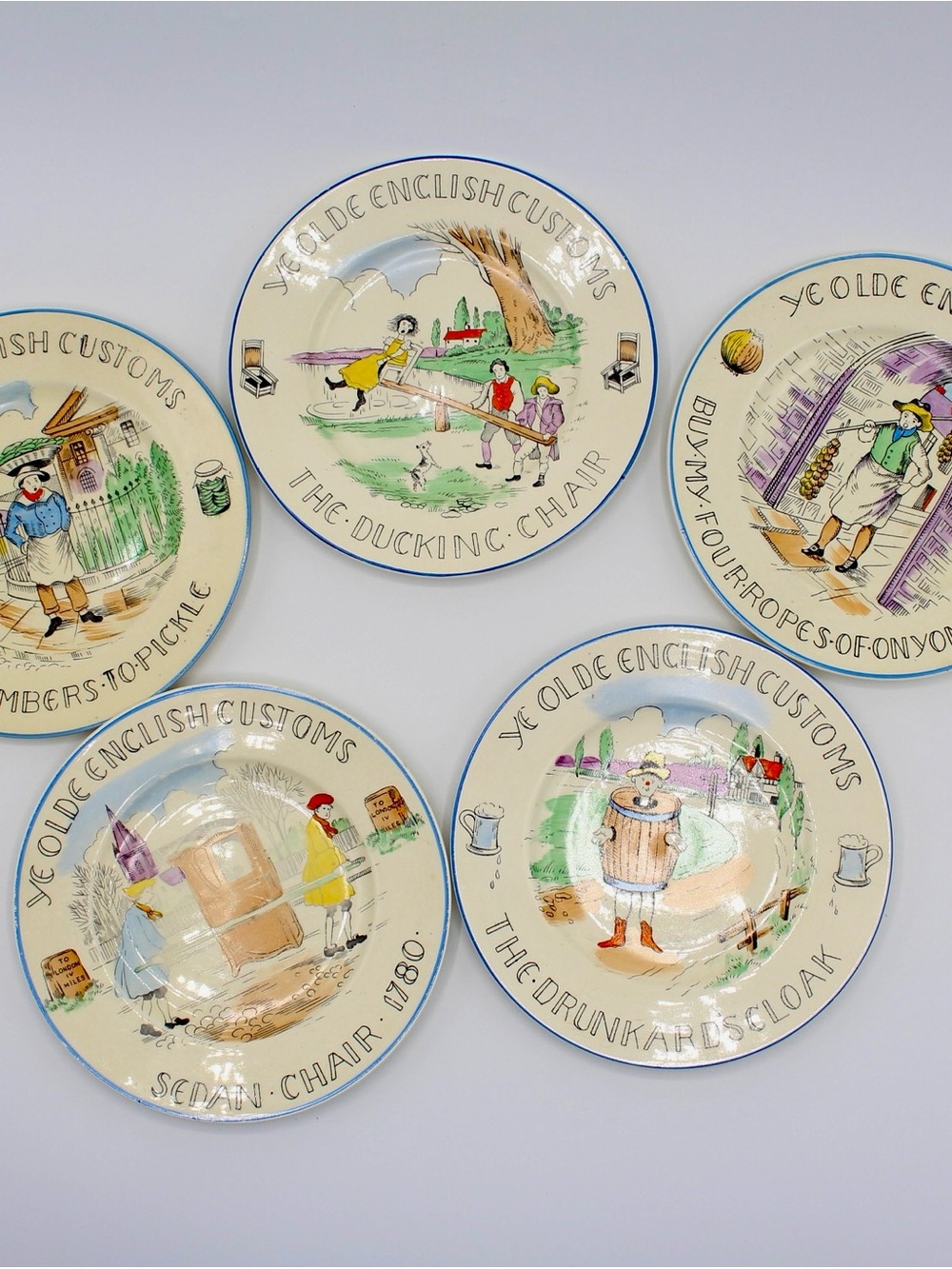 Ye Olde English Customs Plates, Burgess & Leigh Staffordshire England, Set of 5